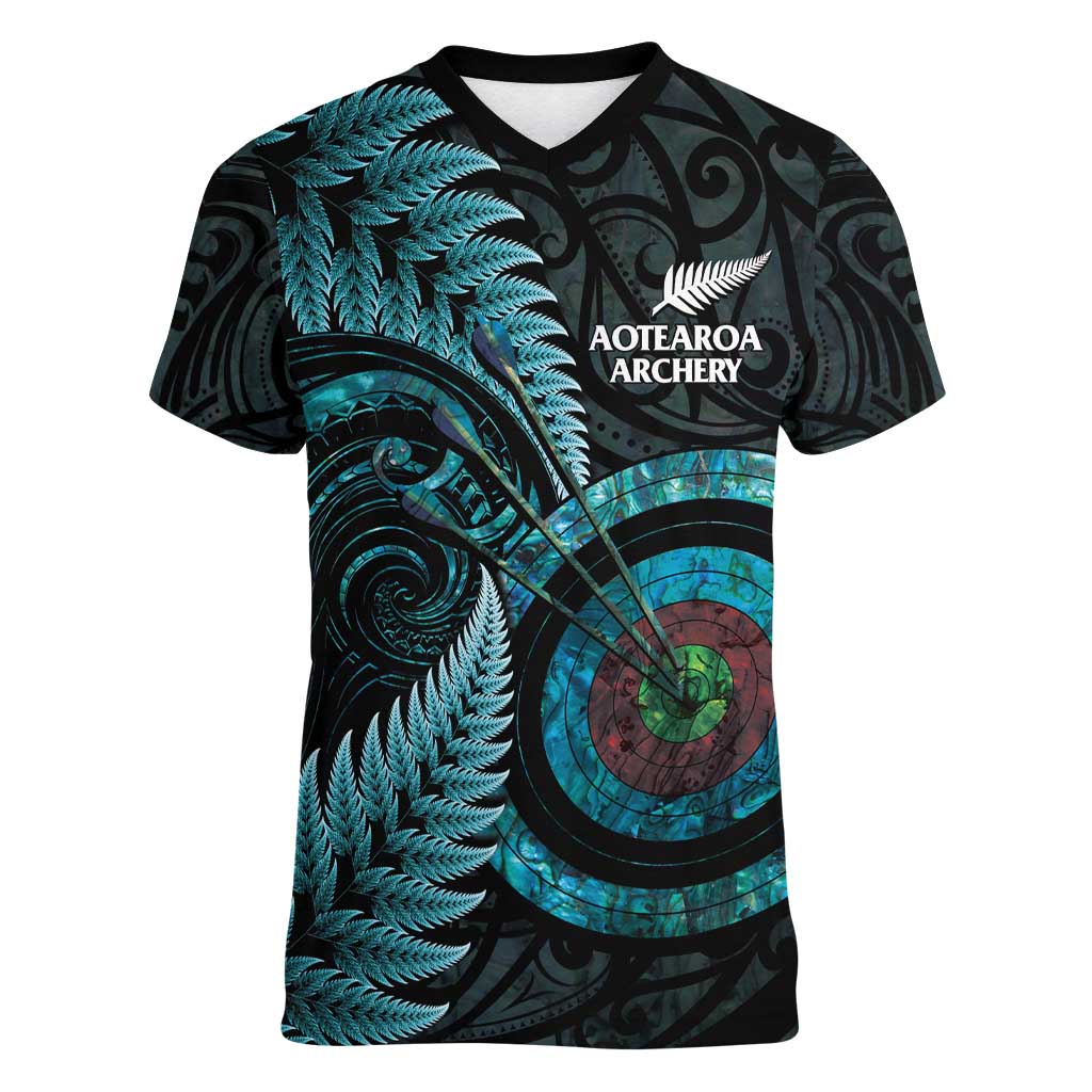 New Zealand Archery Women V-Neck T-Shirt Aotearoa Silver Fern Maori - Polynesian Pride