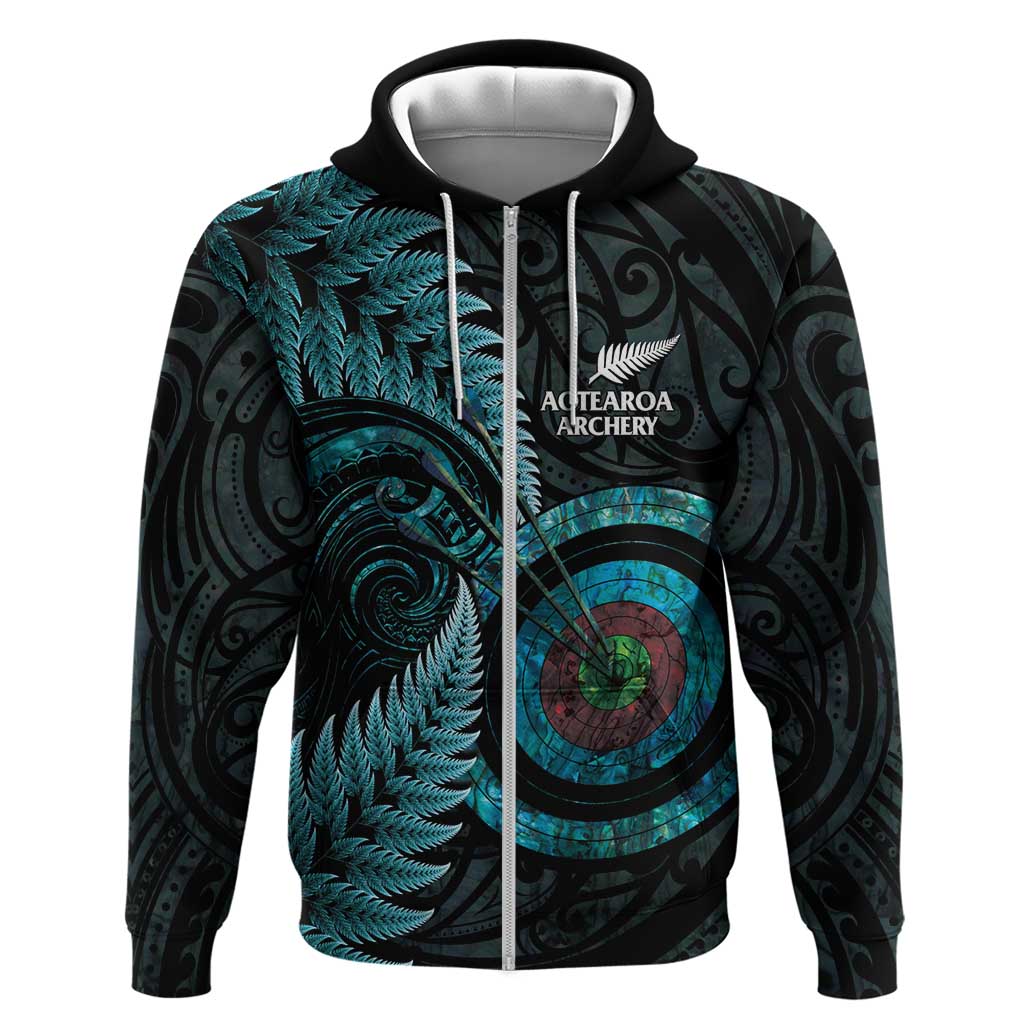 New Zealand Archery Zip Hoodie Aotearoa Silver Fern Maori - Polynesian Pride