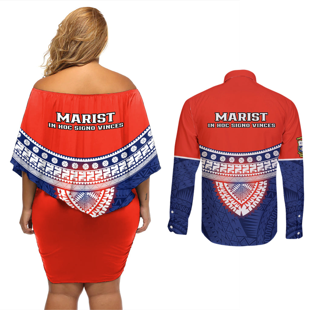 Fiji School Couples Matching Off Shoulder Short Dress and Long Sleeve Button Shirts Marist Brothers Fijian Tapa Pattern LT14 - Polynesian Pride