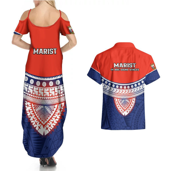 Fiji School Couples Matching Off Shoulder Maxi Dress and Hawaiian Shirt Marist Brothers Fijian Tapa Pattern LT14