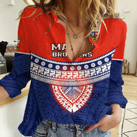 Fiji School Women Casual Shirt Marist Brothers Fijian Tapa Pattern LT14 Female Blue - Polynesian Pride