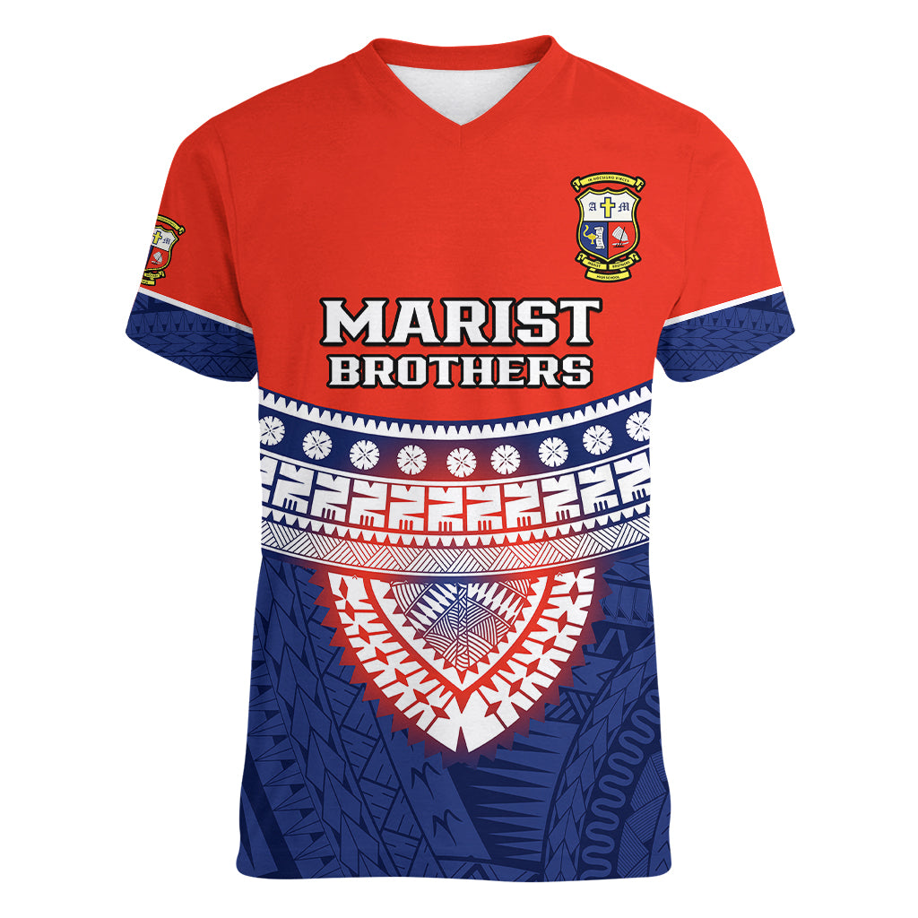 Fiji School Women V Neck T Shirt Marist Brothers Fijian Tapa Pattern LT14 Female Blue - Polynesian Pride
