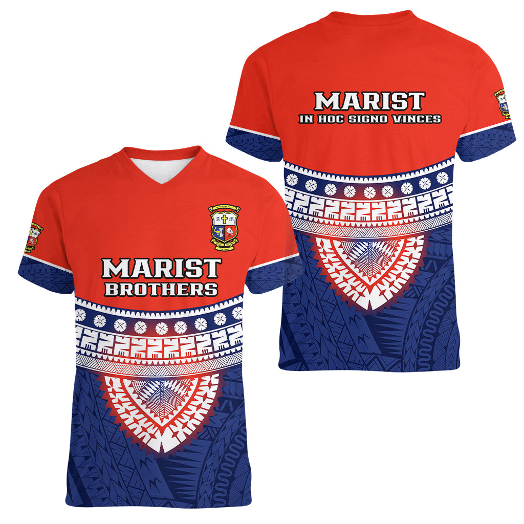 Fiji School Women V Neck T Shirt Marist Brothers Fijian Tapa Pattern LT14 - Polynesian Pride