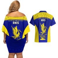 Fiji School Couples Matching Off Shoulder Short Dress and Hawaiian Shirt Ratu Kadavulevu Heron With Fijian Tapa LT14 - Polynesian Pride