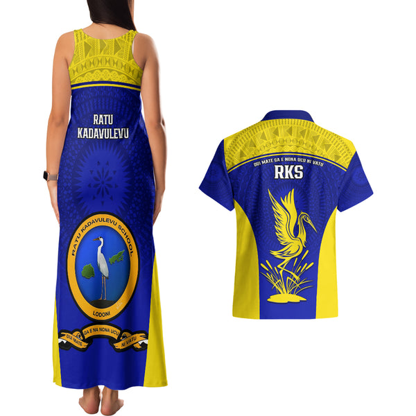 Custom Fiji School Couples Matching Long Sleeve Bodycon Dress and Hawaiian Shirt Ratu Kadavulevu Heron With Fijian Tapa LT14