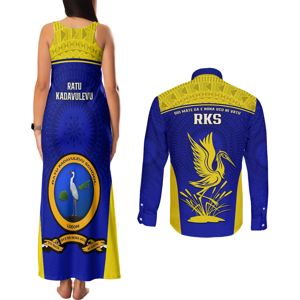 Fiji School Couples Matching Tank Maxi Dress and Long Sleeve Button Shirts Ratu Kadavulevu Heron With Fijian Tapa LT14 - Polynesian Pride