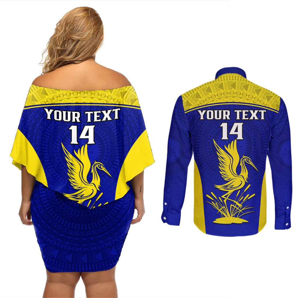 Custom Fiji School Couples Matching Off Shoulder Short Dress and Long Sleeve Button Shirts Ratu Kadavulevu Heron With Fijian Tapa LT14 - Polynesian Pride