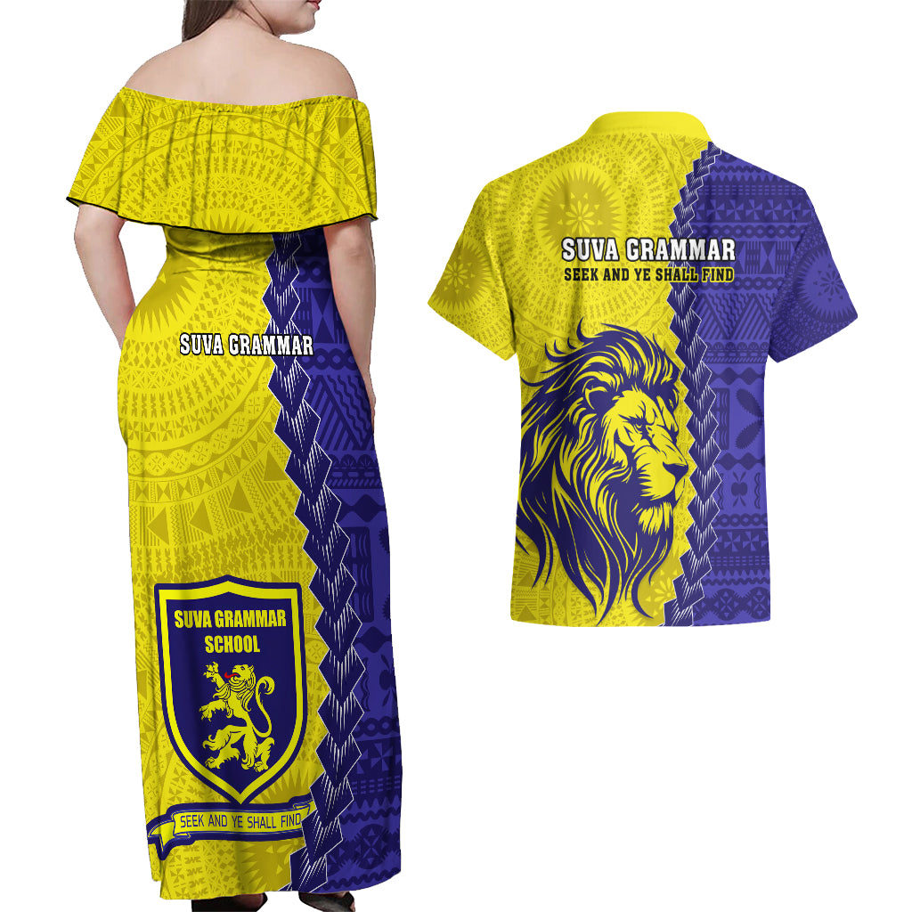 Fiji School Couples Matching Off Shoulder Maxi Dress and Hawaiian Shirt Suva Grammar Lions With Fijian Tapa LT14 - Polynesian Pride