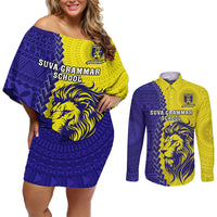 Fiji School Couples Matching Off Shoulder Short Dress and Long Sleeve Button Shirts Suva Grammar Lions With Fijian Tapa LT14 Gold - Polynesian Pride