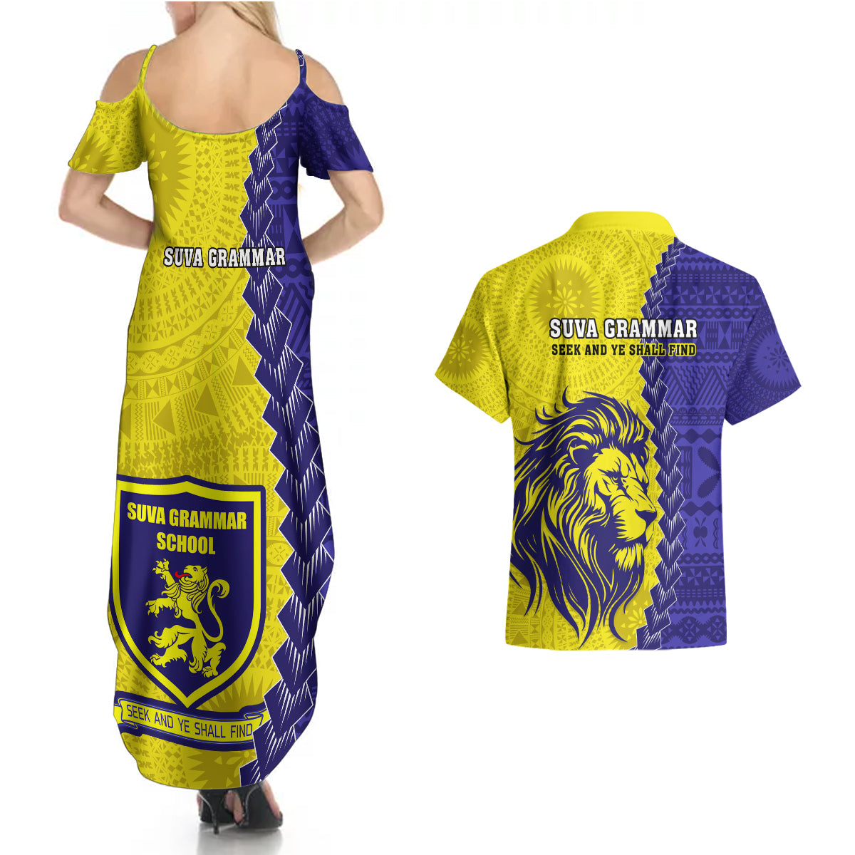 Fiji School Couples Matching Summer Maxi Dress and Hawaiian Shirt Suva Grammar Lions With Fijian Tapa LT14 - Polynesian Pride