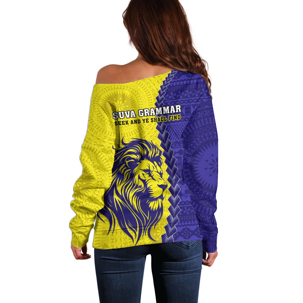 Fiji School Off Shoulder Sweater Suva Grammar Lions With Fijian Tapa LT14 - Polynesian Pride