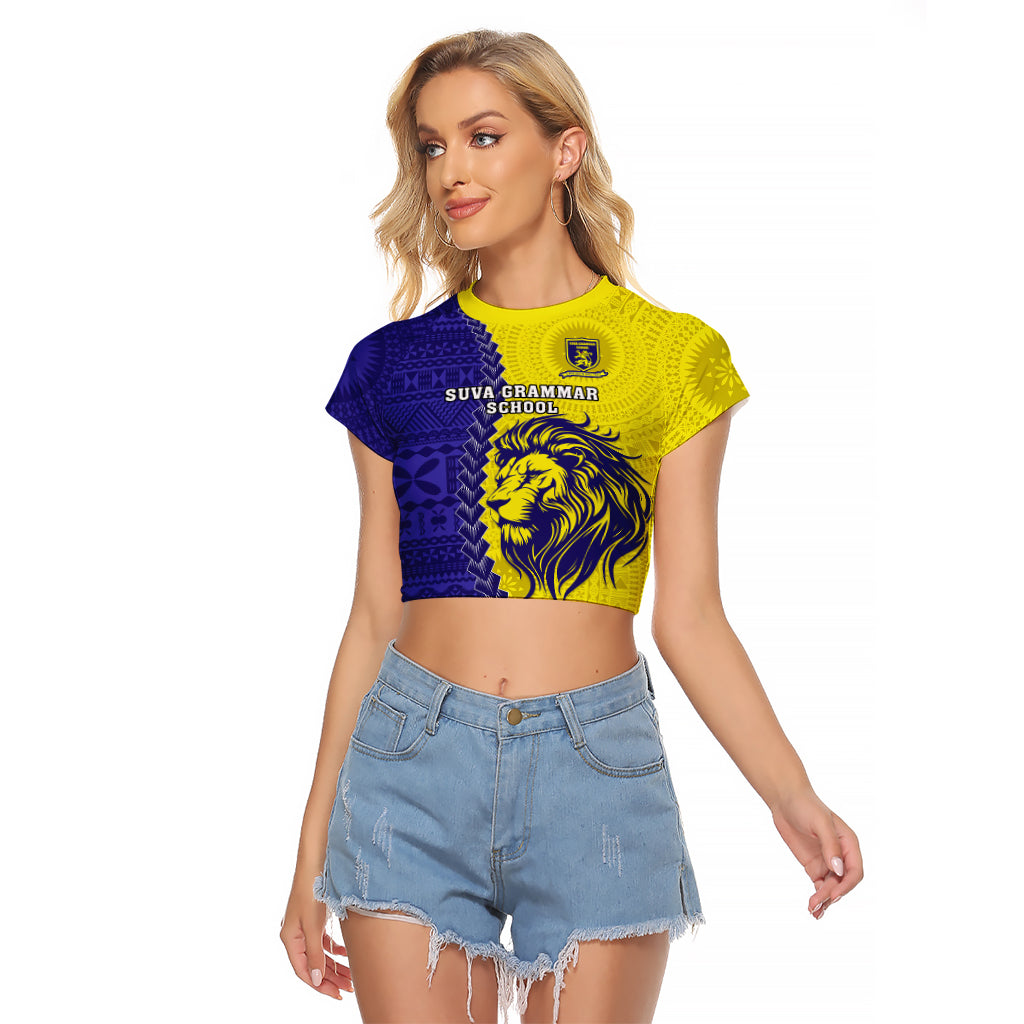 Fiji School Raglan Cropped T Shirt Suva Grammar Lions With Fijian Tapa LT14 Female Gold - Polynesian Pride