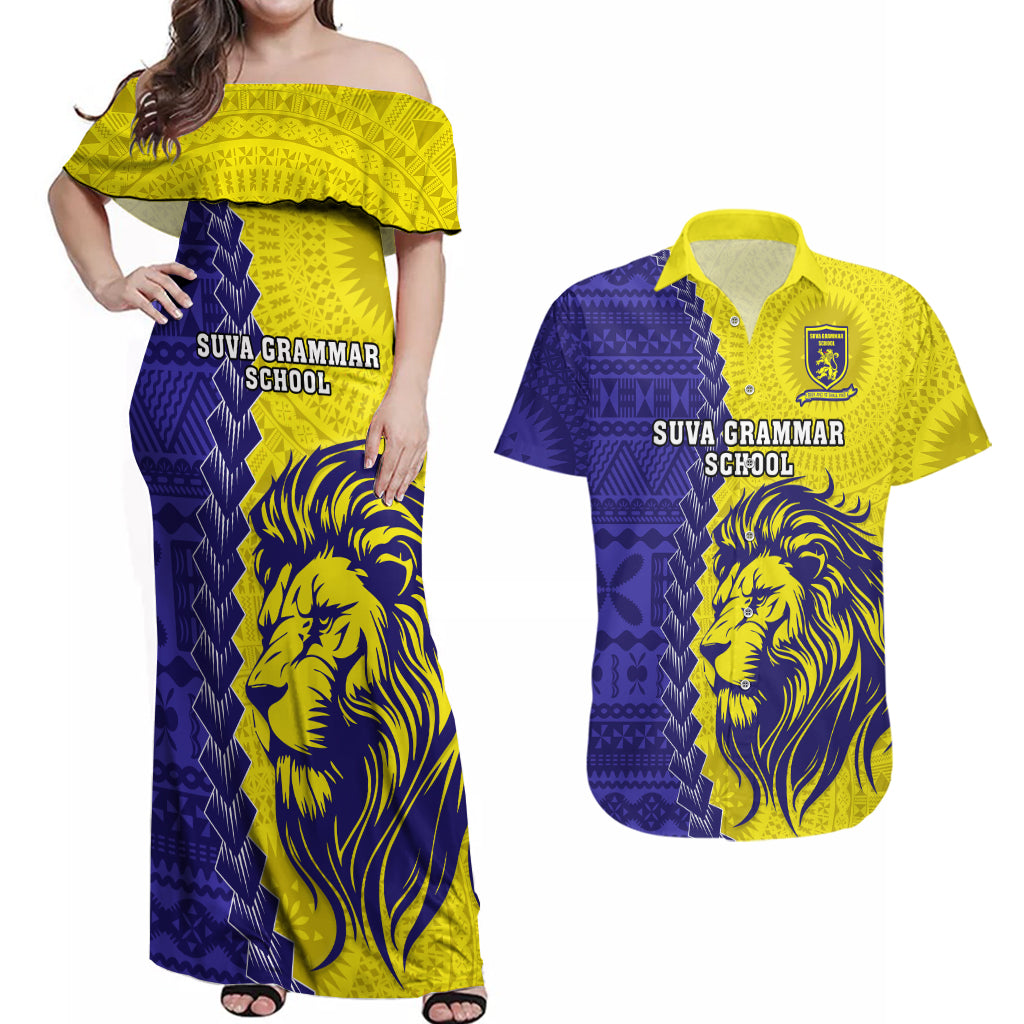 Custom Fiji School Couples Matching Off Shoulder Maxi Dress and Hawaiian Shirt Suva Grammar Lions With Fijian Tapa LT14 Gold - Polynesian Pride