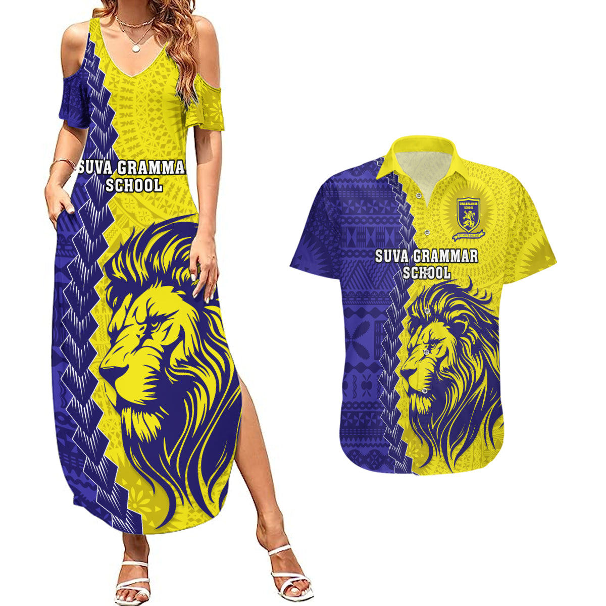 Custom Fiji School Couples Matching Summer Maxi Dress and Hawaiian Shirt Suva Grammar Lions With Fijian Tapa LT14 Gold - Polynesian Pride