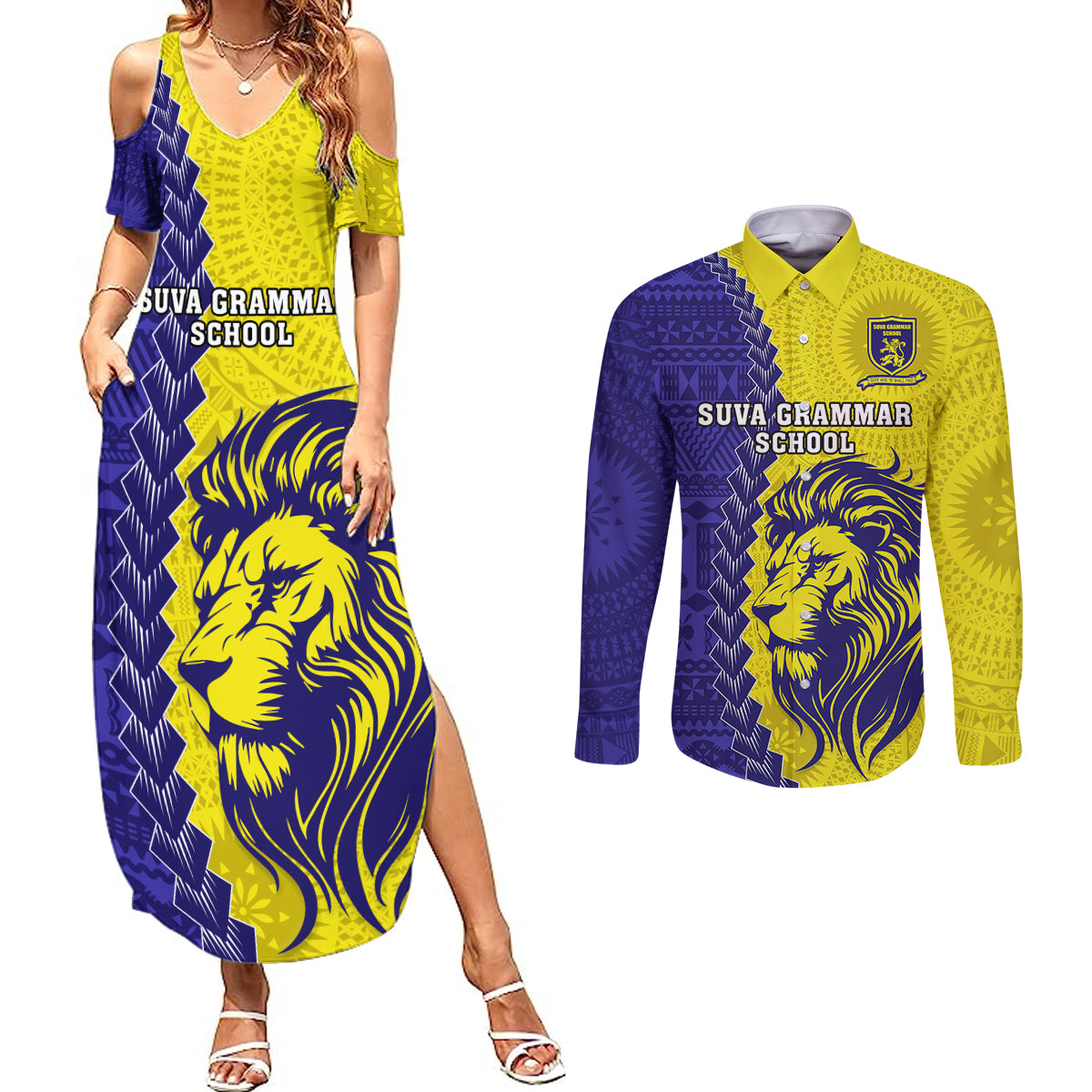 Custom Fiji School Couples Matching Summer Maxi Dress and Long Sleeve Button Shirts Suva Grammar Lions With Fijian Tapa LT14 Gold - Polynesian Pride
