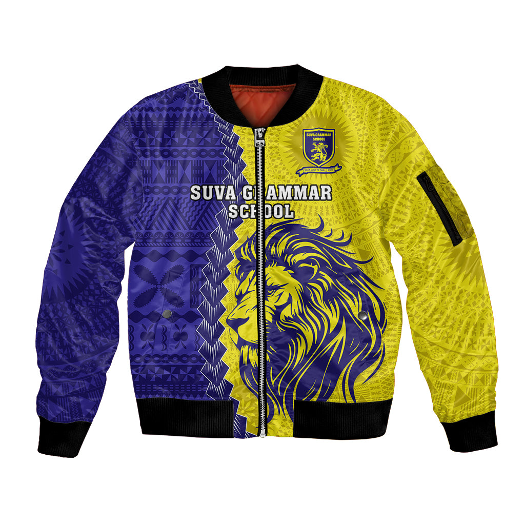 Custom Fiji School Sleeve Zip Bomber Jacket Suva Grammar Lions With Fijian Tapa LT14 Unisex Gold - Polynesian Pride
