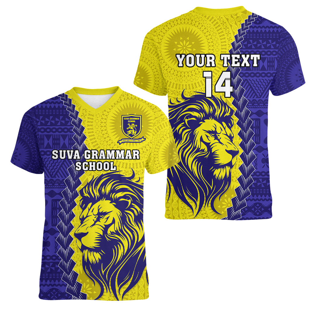 Custom Fiji School Women V Neck T Shirt Suva Grammar Lions With Fijian Tapa LT14 - Polynesian Pride