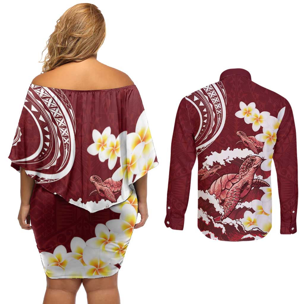 Blood Gold Polynesia Couples Matching Off Shoulder Short Dress and Long Sleeve Button Shirt Polynesian Frangipani With Sea Turtles