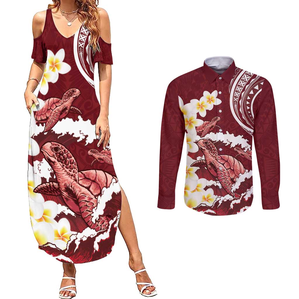 Blood Gold Polynesia Couples Matching Summer Maxi Dress and Long Sleeve Button Shirt Polynesian Frangipani With Sea Turtles