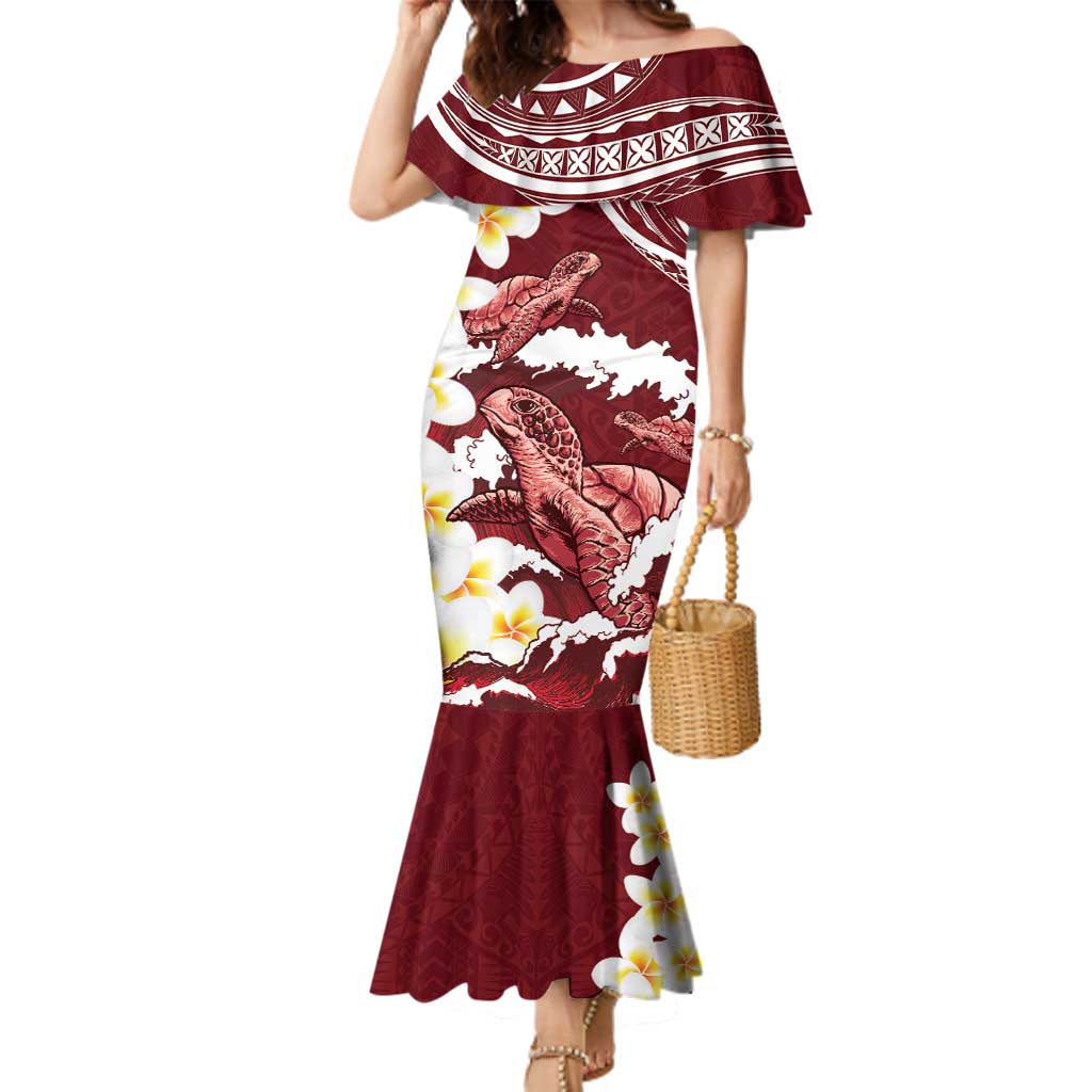 Blood Gold Polynesia Family Matching Mermaid Dress and Hawaiian Shirt Polynesian Frangipani With Sea Turtles