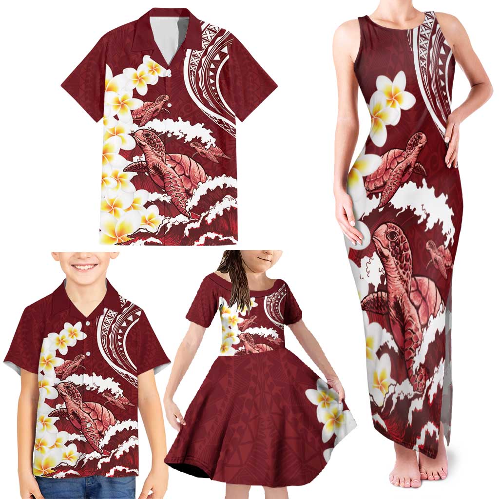 Blood Gold Polynesia Family Matching Tank Maxi Dress and Hawaiian Shirt Polynesian Frangipani With Sea Turtles