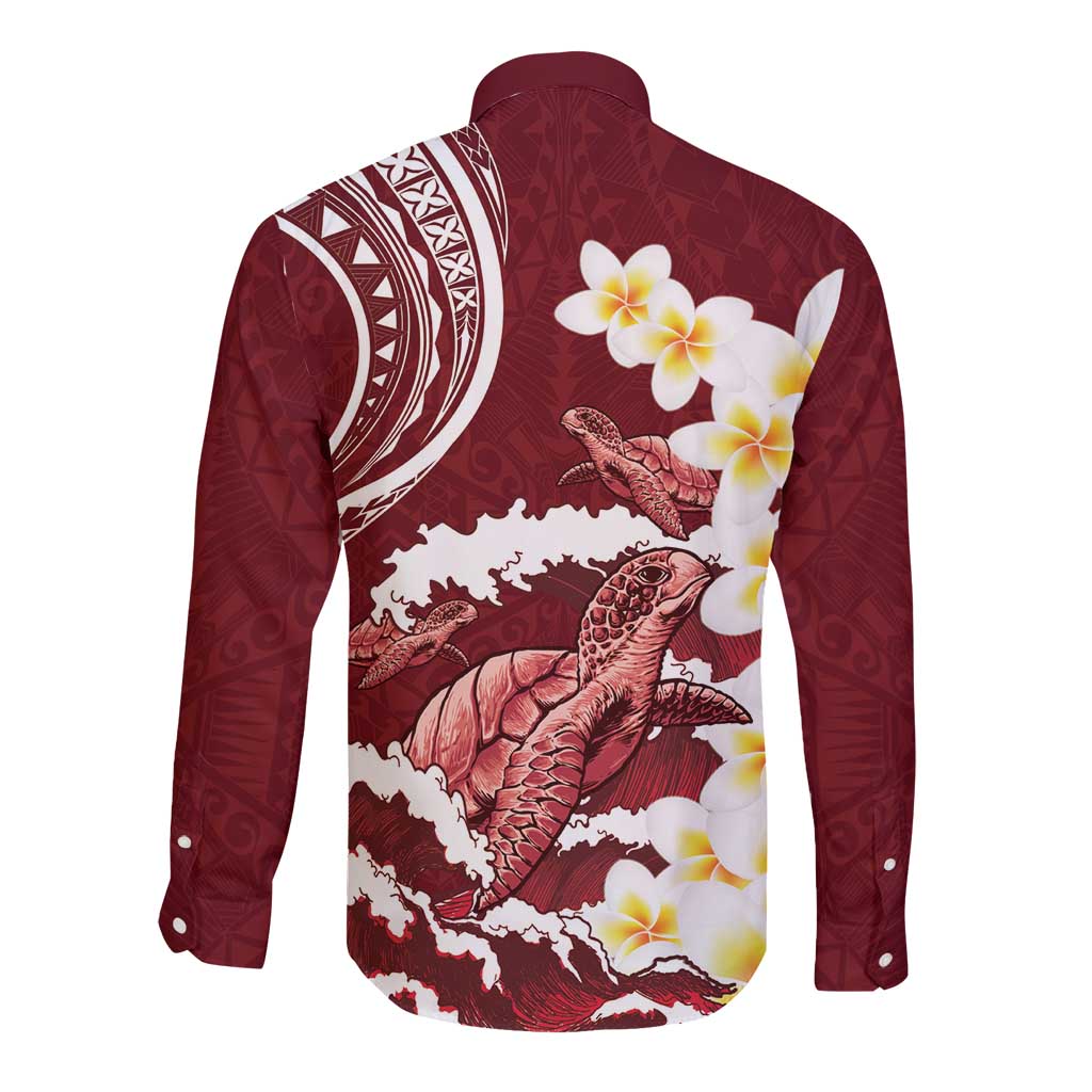 Blood Gold Polynesia Long Sleeve Button Shirt Polynesian Frangipani With Sea Turtles