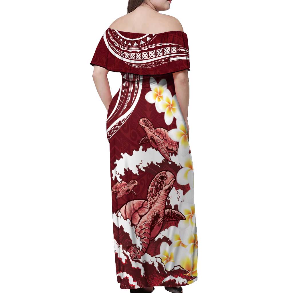Blood Gold Polynesia Off Shoulder Maxi Dress Polynesian Frangipani With Sea Turtles