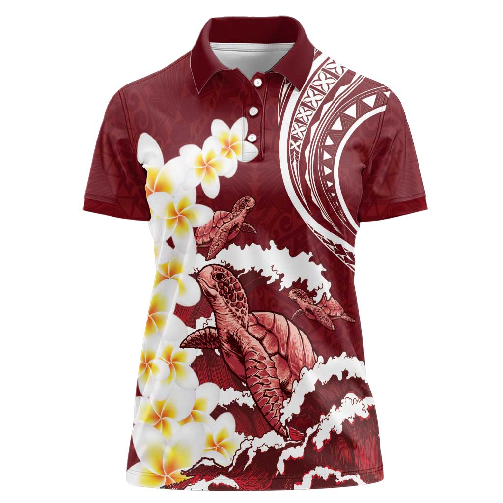 Blood Gold Polynesia Women Polo Shirt Polynesian Frangipani With Sea Turtles