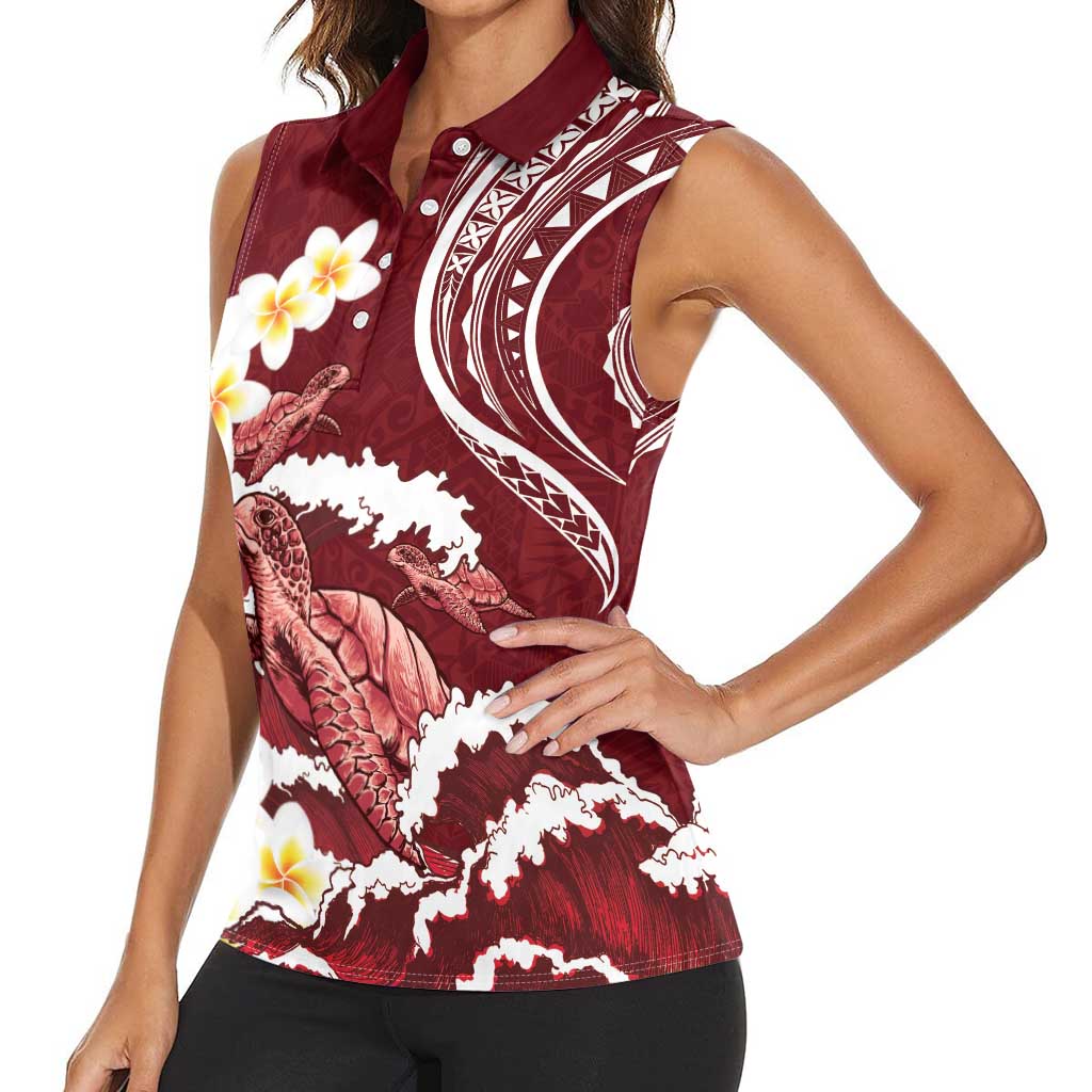 Blood Gold Polynesia Women Sleeveless Polo Shirt Polynesian Frangipani With Sea Turtles