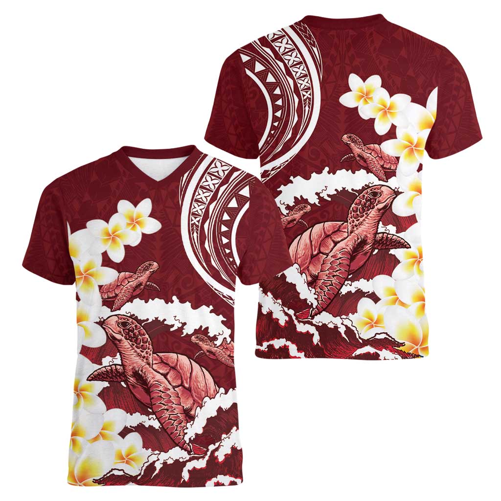 Blood Gold Polynesia Women V-Neck T-Shirt Polynesian Frangipani With Sea Turtles