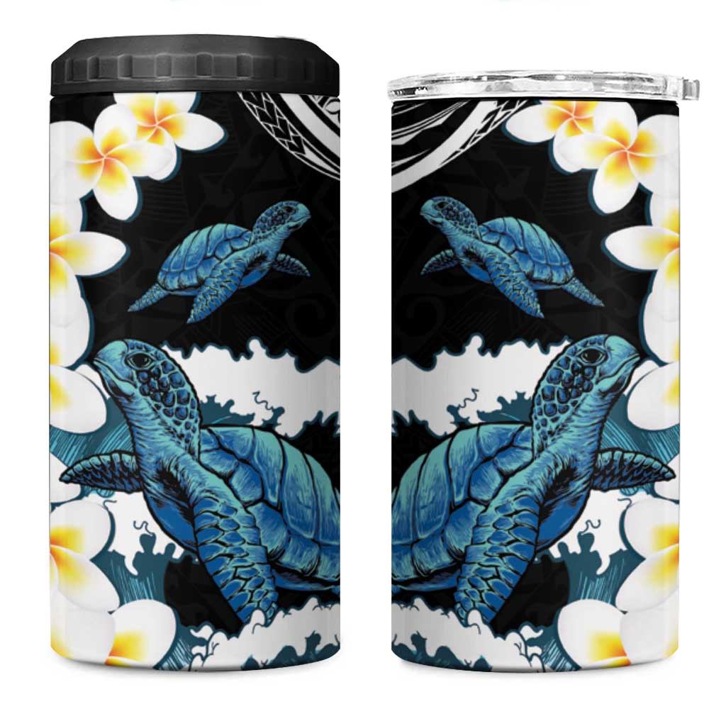 Black Polynesia 4 in 1 Can Cooler Tumbler Polynesian Frangipani With Sea Turtles