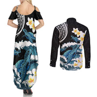 Black Polynesia Couples Matching Summer Maxi Dress and Long Sleeve Button Shirt Polynesian Frangipani With Sea Turtles