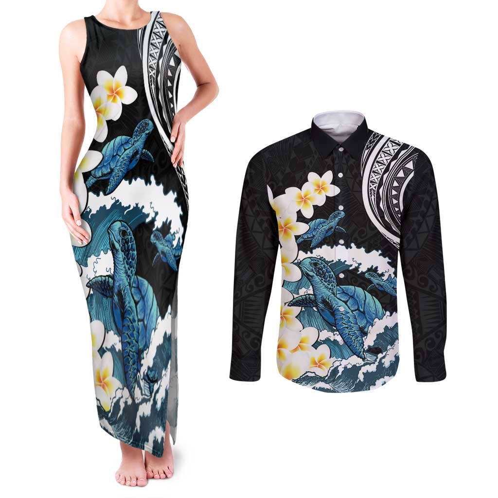 Black Polynesia Couples Matching Tank Maxi Dress and Long Sleeve Button Shirt Polynesian Frangipani With Sea Turtles