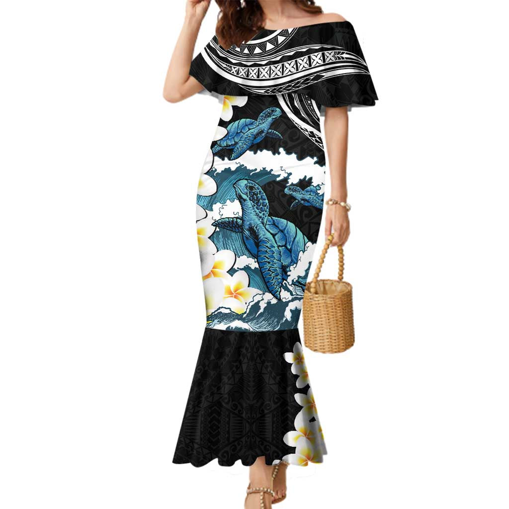 Black Polynesia Family Matching Mermaid Dress and Hawaiian Shirt Polynesian Frangipani With Sea Turtles