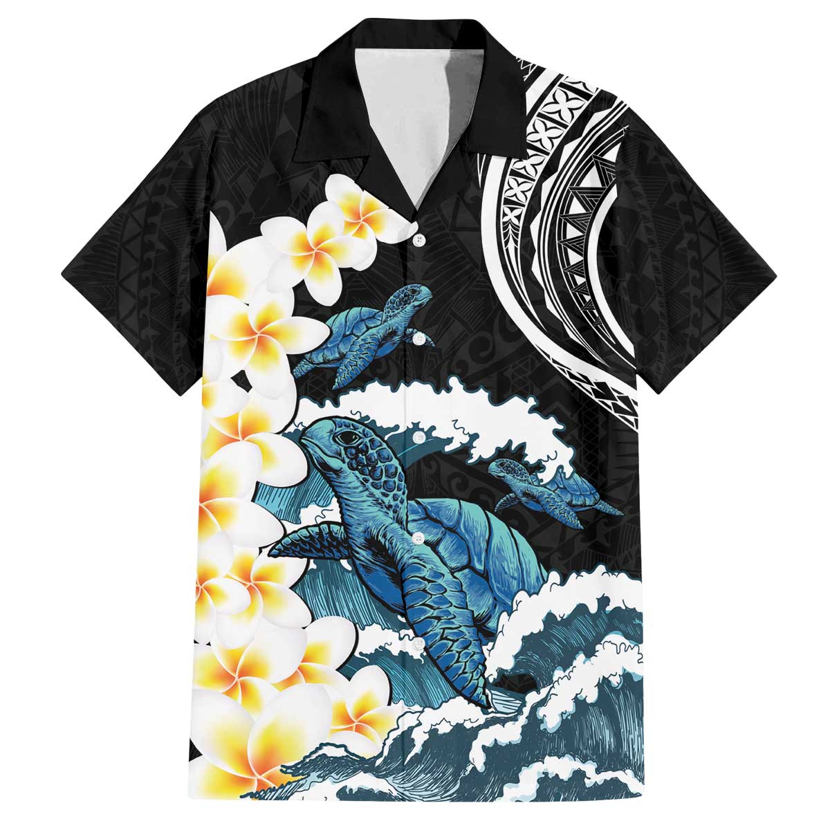 Black Polynesia Family Matching Off The Shoulder Long Sleeve Dress and Hawaiian Shirt Polynesian Frangipani With Sea Turtles