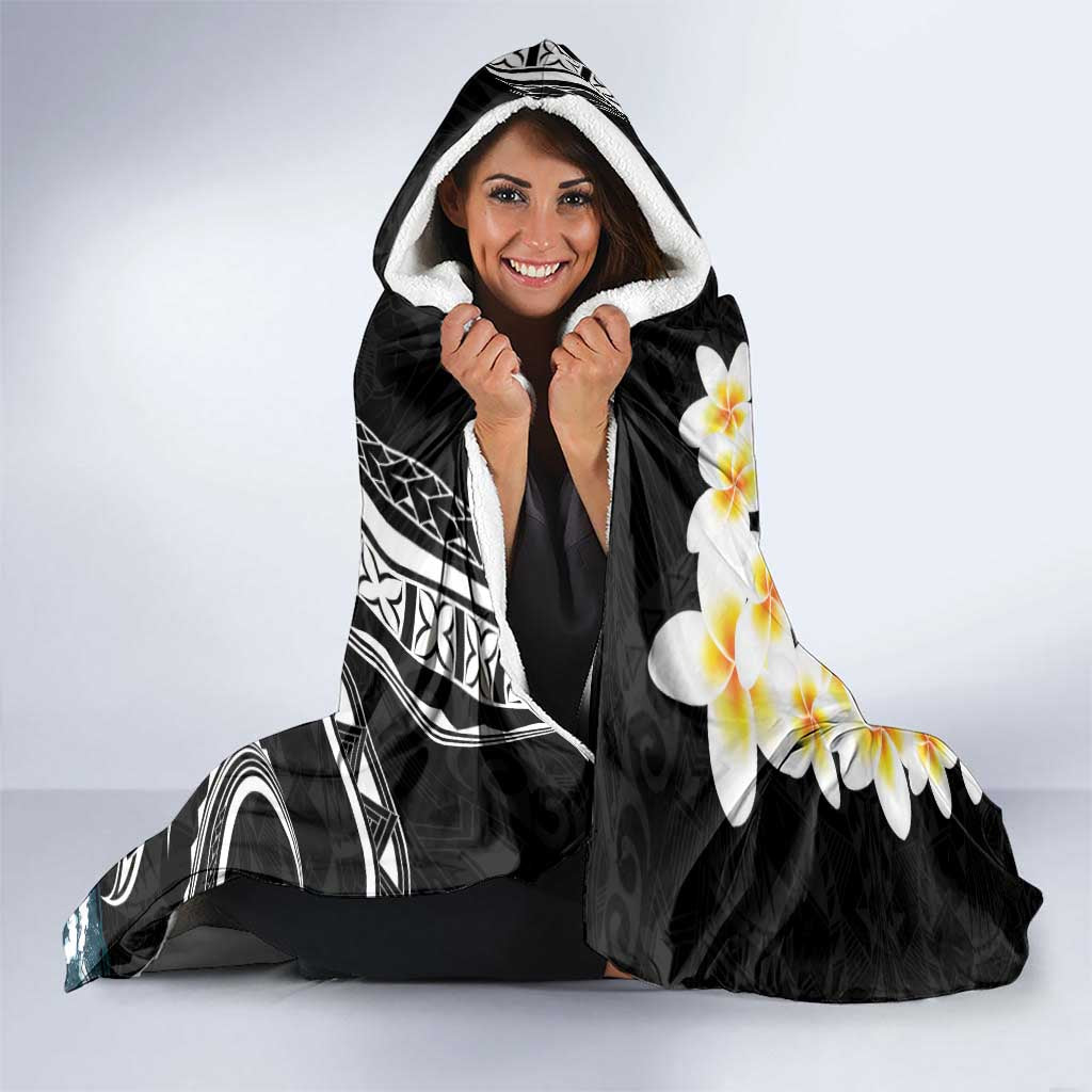 Black Polynesia Hooded Blanket Polynesian Frangipani With Sea Turtles