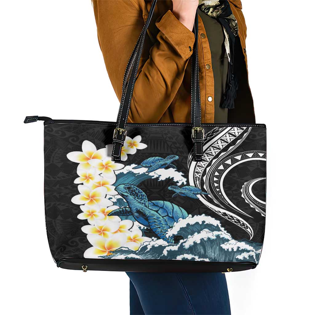 Black Polynesia Leather Tote Bag Polynesian Frangipani With Sea Turtles