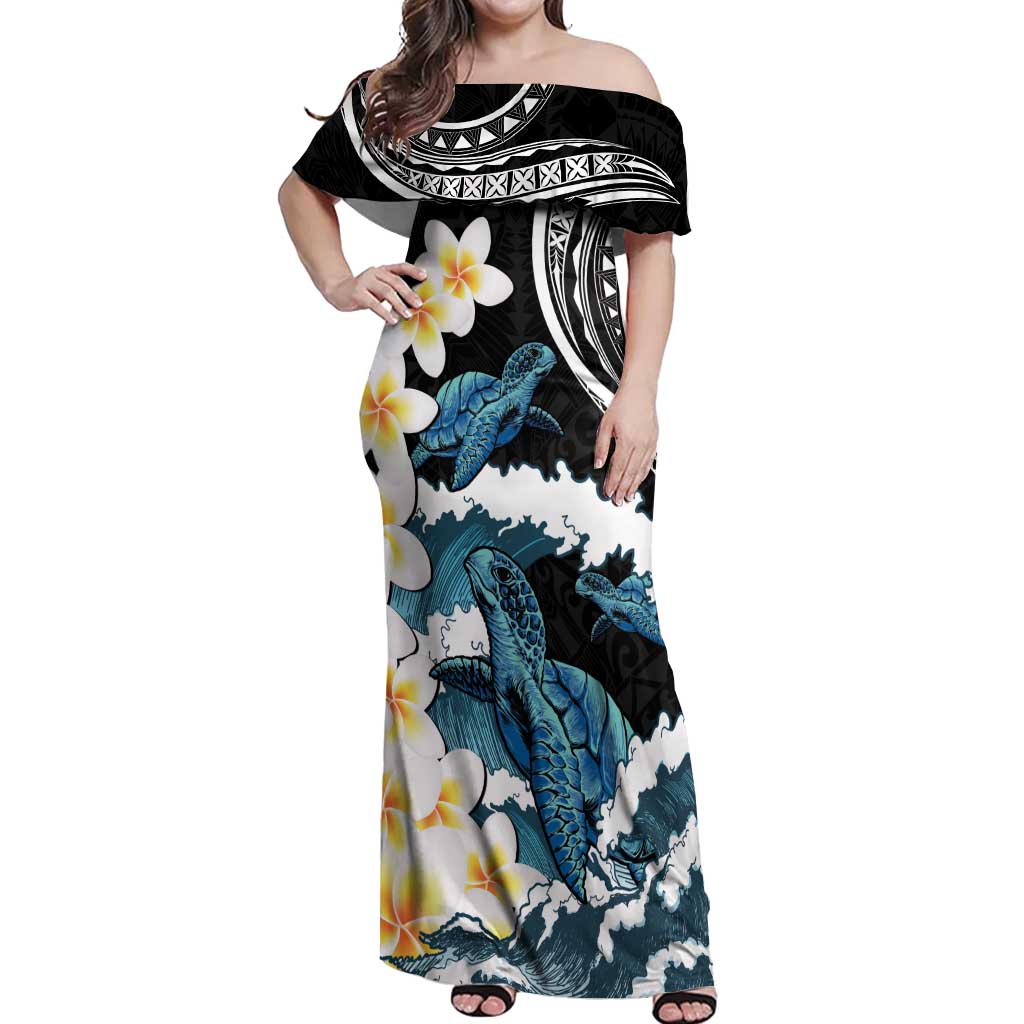 Black Polynesia Off Shoulder Maxi Dress Polynesian Frangipani With Sea Turtles