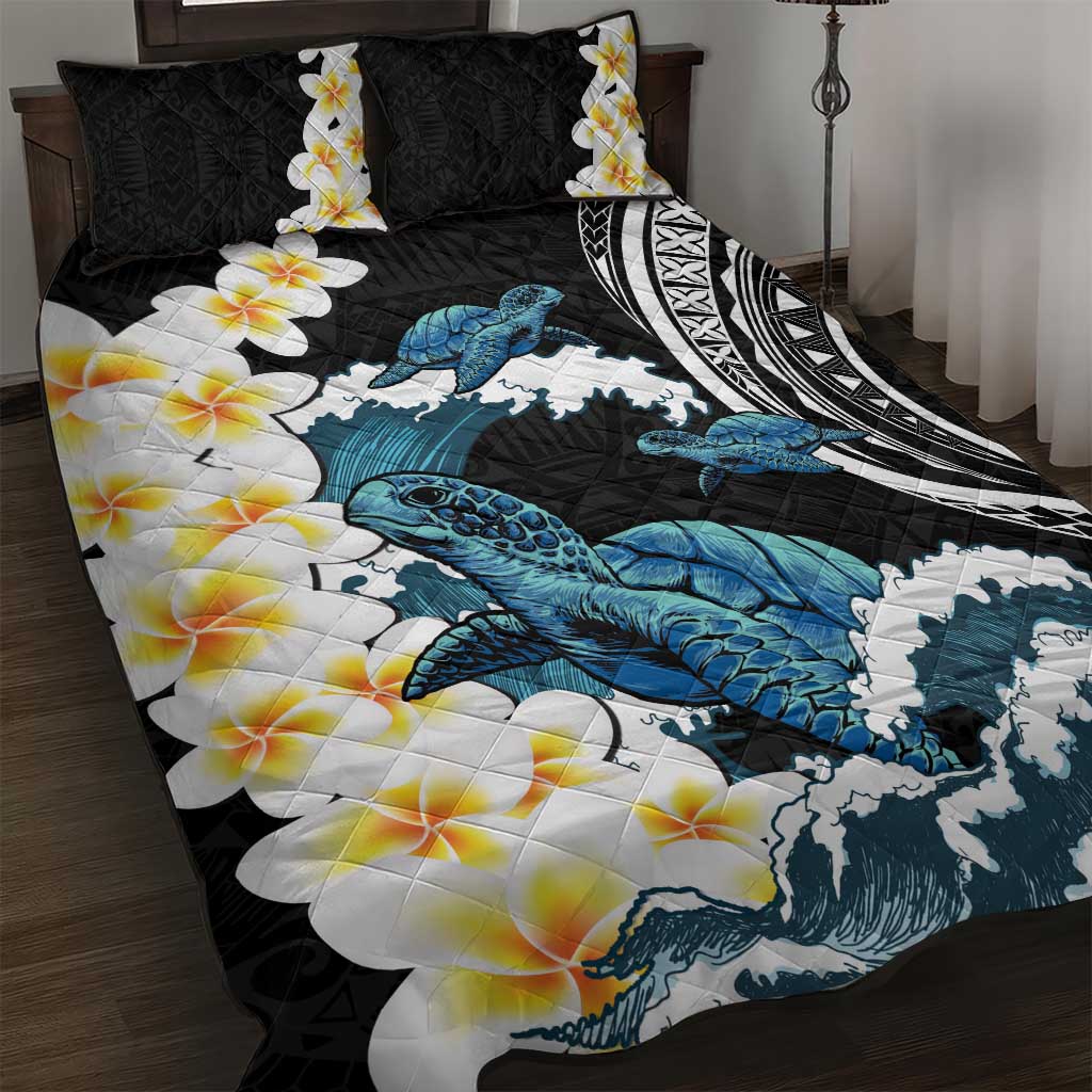 Black Polynesia Quilt Bed Set Polynesian Frangipani With Sea Turtles LT14 Black - Polynesian Pride