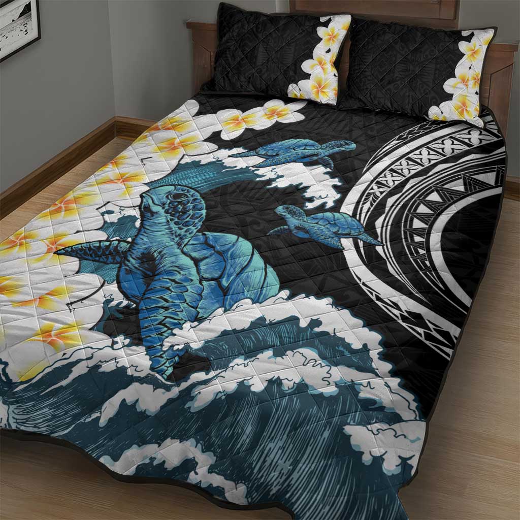 Black Polynesia Quilt Bed Set Polynesian Frangipani With Sea Turtles LT14 - Polynesian Pride
