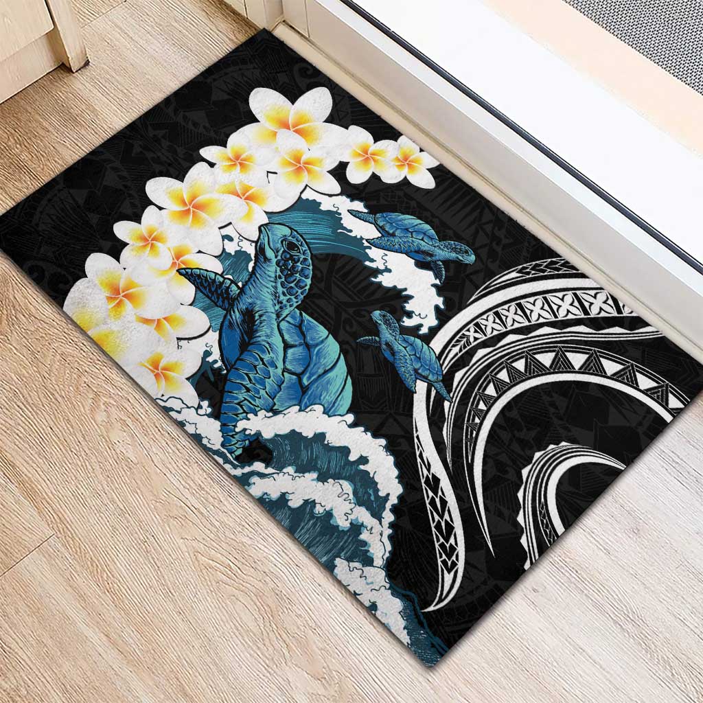 Black Polynesia Rubber Doormat Polynesian Frangipani With Sea Turtles