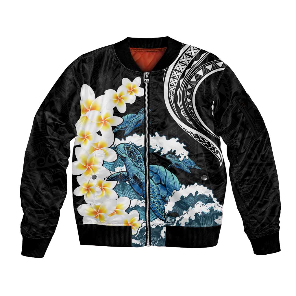 Black Polynesia Sleeve Zip Bomber Jacket Polynesian Frangipani With Sea Turtles LT14 Unisex Black - Polynesian Pride