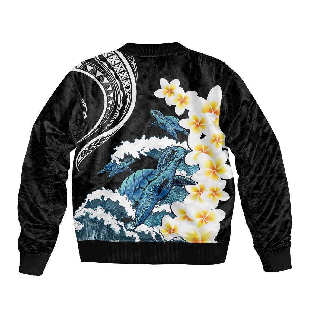 Black Polynesia Sleeve Zip Bomber Jacket Polynesian Frangipani With Sea Turtles LT14 - Polynesian Pride