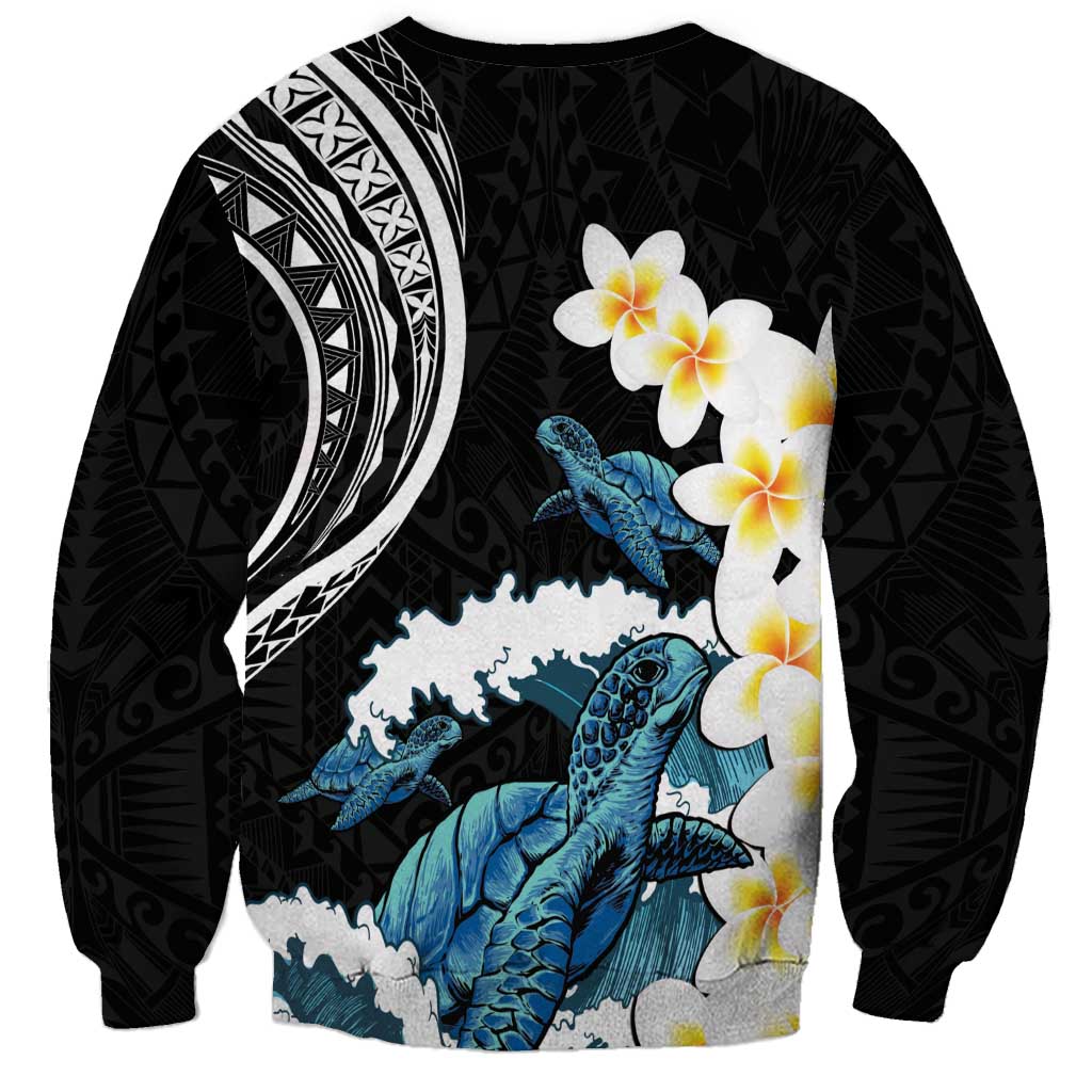 Black Polynesia Sweatshirt Polynesian Frangipani With Sea Turtles