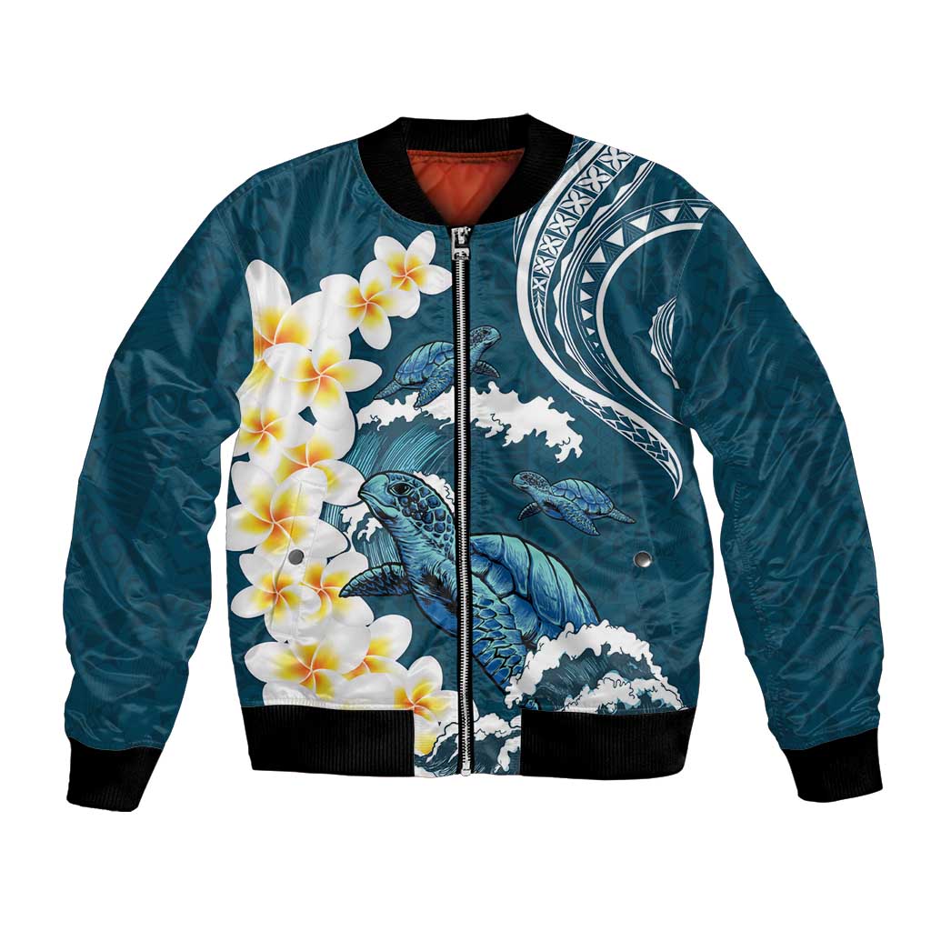Dark Teal Polynesia Bomber Jacket Polynesian Frangipani With Sea Turtles