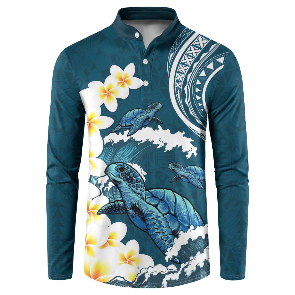 Dark Teal Polynesia Button Sweatshirt Polynesian Frangipani With Sea Turtles