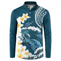 Dark Teal Polynesia Button Sweatshirt Polynesian Frangipani With Sea Turtles
