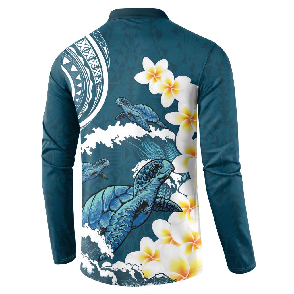Dark Teal Polynesia Button Sweatshirt Polynesian Frangipani With Sea Turtles