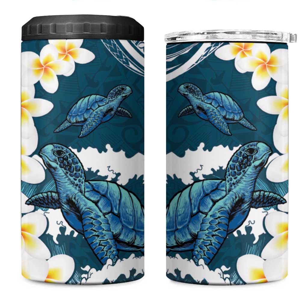 Dark Teal Polynesia 4 in 1 Can Cooler Tumbler Polynesian Frangipani With Sea Turtles