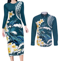 Dark Teal Polynesia Couples Matching Long Sleeve Bodycon Dress and Long Sleeve Button Shirt Polynesian Frangipani With Sea Turtles
